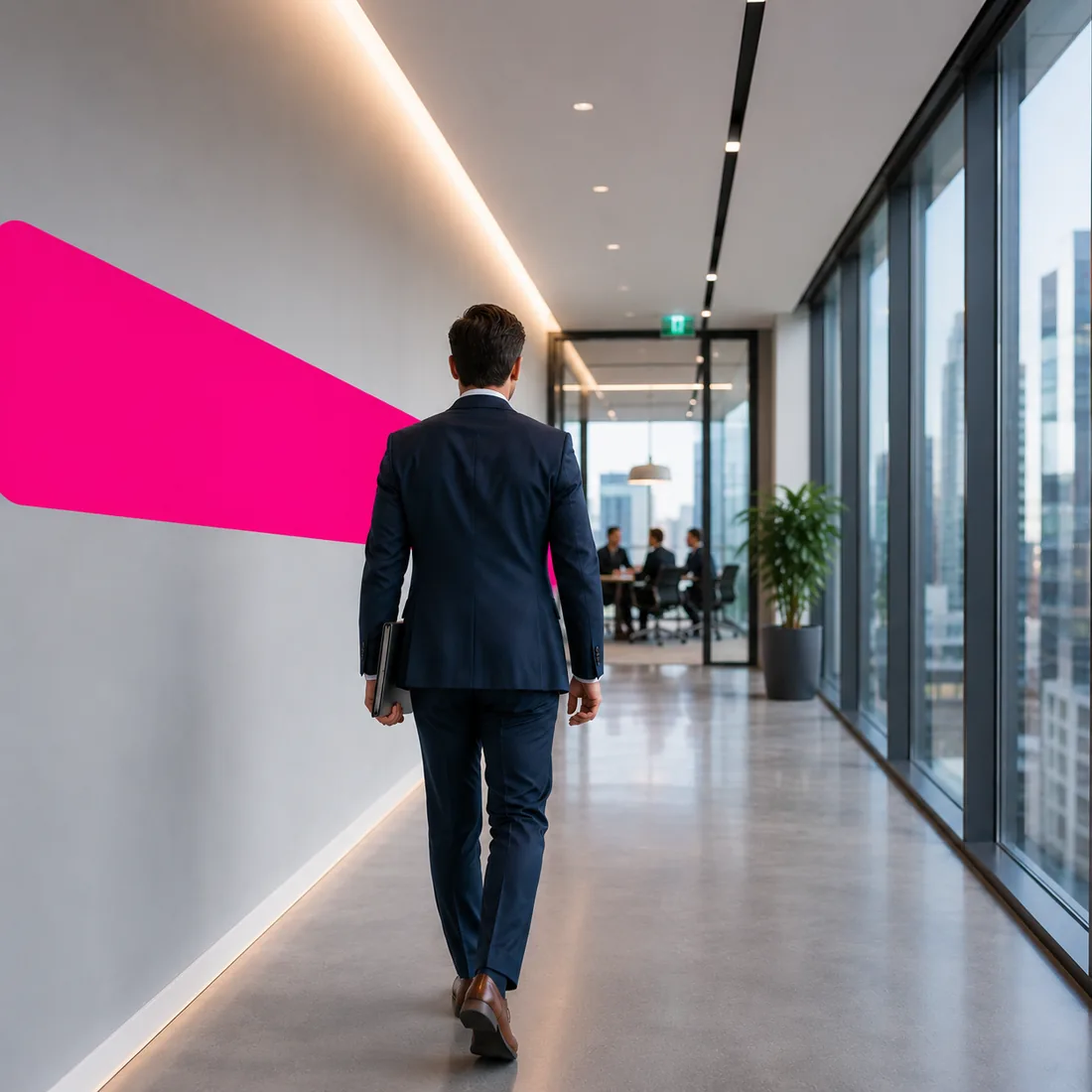 Finance analyst walking through a modern office toward a data team meeting, ready to run SQL queries on the business database